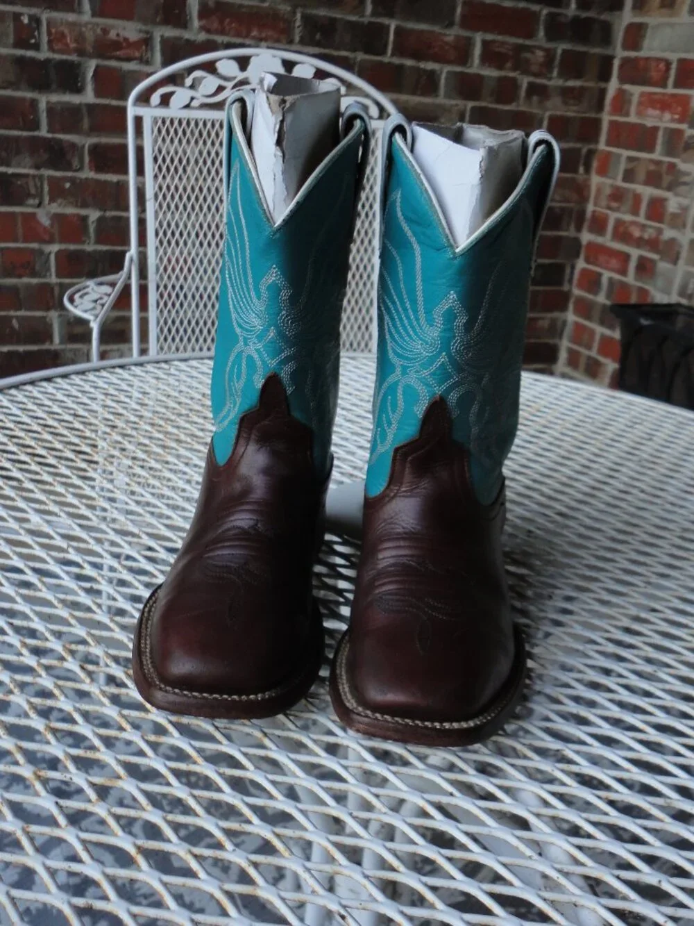 ANDERSON BEAN Kid's Turquoise and Brown Square Toe Western Boots Size 1